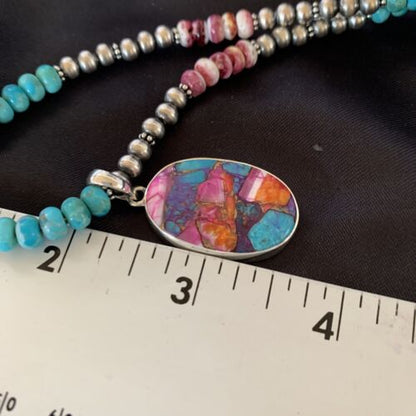 Navajo Pearls Sterling Silver Necklace with Turquoise and Purple Spiny Oyster Pendant | 13153