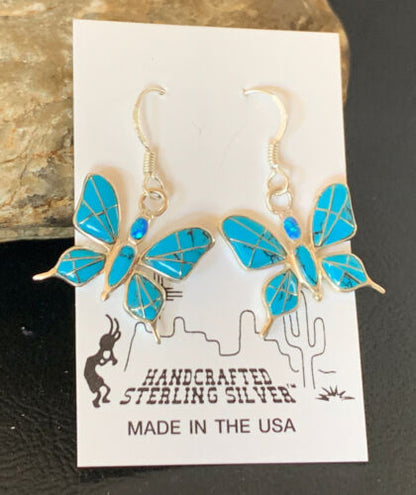 Navajo Blue Turquoise Inlay Butterfly Earrings | Sterling Silver | 0.5" | 12013 - Masha USA