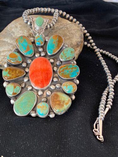 Navajo Royston Turquoise Spiny Oyster Multi-Stone Cluster Necklace | Authentic Native American Sterling Silver XL Pendant | 3237