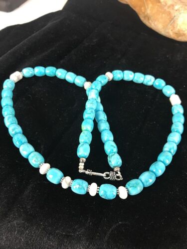 Navajo Blue Turquoise & Howlite Necklace | Sterling Silver | 21" | Authentic Native American Handmade | 3395 - Masha USA
