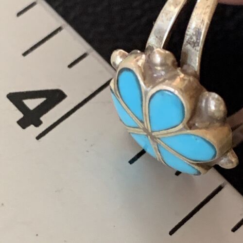 Zuni Blue Turquoise Cluster Ring | Sterling Silver Inlay | Sz 7.5 | Authentic Native American | 12945