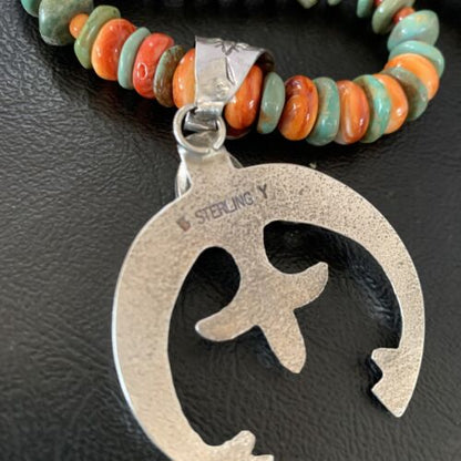 Navajo Pearl Sterling Silver Necklace with Royston Turquoise & Spiny Oyster Naja Pendant | 11579