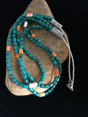 Navajo Sterling Silver Blue Spiderweb Turquoise Spiny Necklace | 3-Strand | 24" | 1774