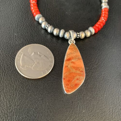 Navajo Red Apple Coral Pendant Necklace | Sterling Silver | Authentic Native American Handmade | 13934