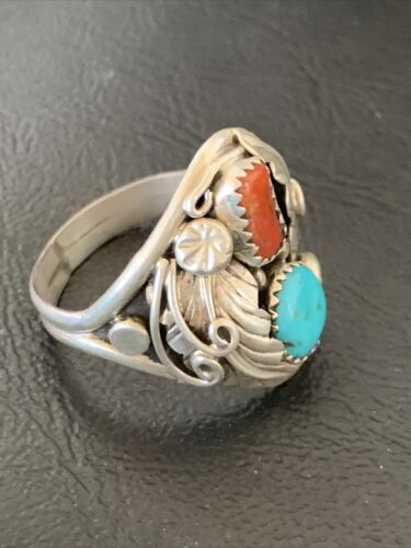 Navajo Blue Kingman Turquoise & Coral Feather Ring | Authentic Native American Sterling Silver | Multi-Stone | Sz 12 | 12217 - Masha USA