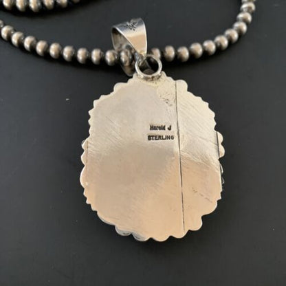 Navajo Pearls Necklace with Blue Turquoise #8 Pendant | Sterling Silver | Authentic Native American Handmade | 11312