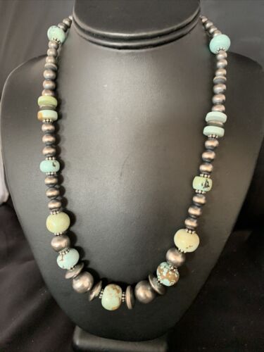Dry Creek Turquoise Navajo Pearls Beaded Necklace | Sterling Silver | 21" | Authentic Native American Handmade | 14101 - Masha USA