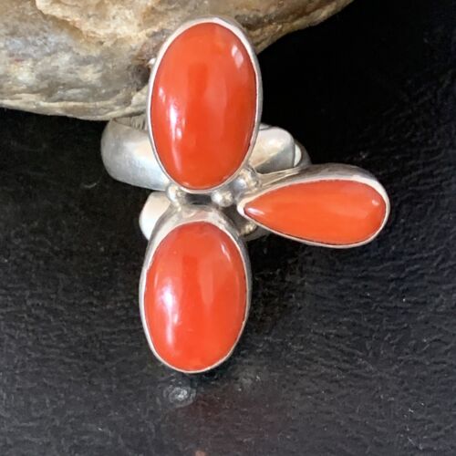 Navajo Red Coral Multi-Stone Ring | Authentic Native American Sterling Silver | Multi-Stone | Sz 7.5 | 14214