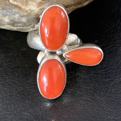Navajo Red Coral Multi-Stone Ring | Authentic Native American Sterling Silver | Multi-Stone | Sz 7.5 | 14214