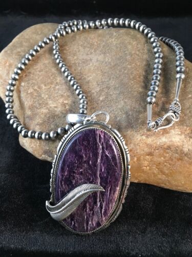 Navajo Charoite Feather Pendant | Sterling Silver Pearls Necklace | Authentic Native American Handmade | 8739