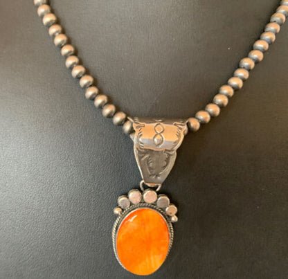 Navajo Orange Spiny Oyster Pendant Necklace | Sterling Silver | Authentic Native American Handmade | 13081