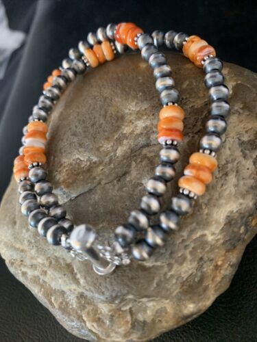 Navajo Pearls Sterling Silver Orange Spiny Oyster Bead Bracelet | 7.5" | Authentic Native American Handmade | 13801