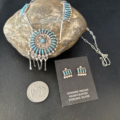 Zuni Kingman Turquoise Needle Point Necklace Pendant Earrings Set | Sterling Silver | Native American Handmade | 14488