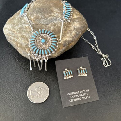 Zuni Kingman Turquoise Needle Point Necklace Pendant Earrings Set | Sterling Silver | Native American Handmade | 14488