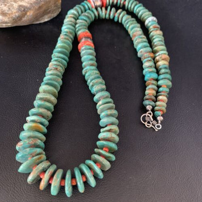Navajo Green Turquoise & Spiny Oyster Necklace | Sterling Silver | Authentic Native American | 26" | 13908