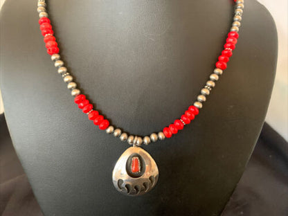 Navajo Bear Paw Red Coral Pendant Necklace | Sterling Silver | Authentic Native American Handmade | 11695