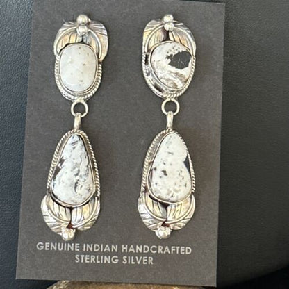 Navajo White Buffalo Turquoise Dangle Earrings | Sterling Silver | 2.5" | Authentic Native American Handmade | 14742