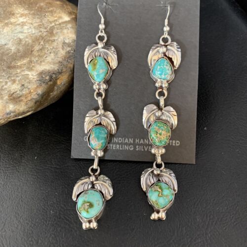 Navajo Sonoran Gold Turquoise Earrings | Sterling Silver | 3 Dangle | Authentic Native American Handmade | 13922