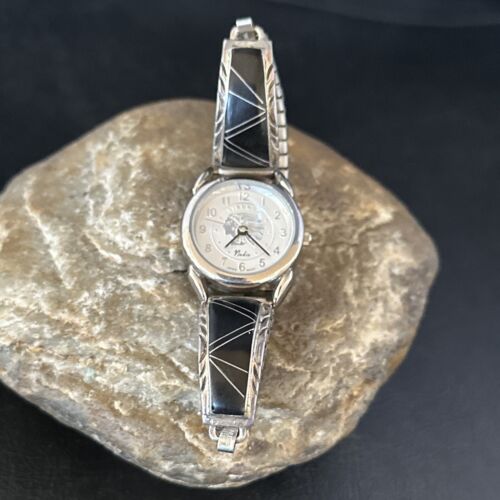 Native Womens Inlay Navajo Sterling Silver Watch Tips Black Onyx Band 14470