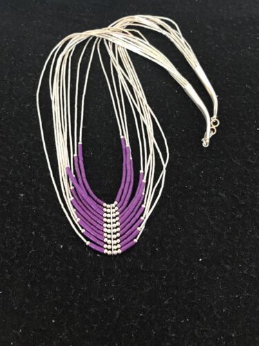 Native American Sugilite Heishi Tubes Necklace | 10 Strand Liquid Sterling Silver | 8558