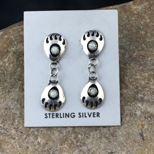 White Opal Navajo Sterling Silver Post Dangle Bear Paw Earrings 1.30” 8694