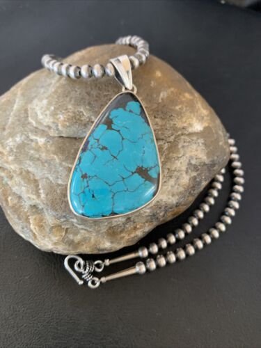 Men's Navajo Blue Spiderweb Turquoise Pendant Necklace | Sterling Silver | Authentic Native American Handmade | 10666