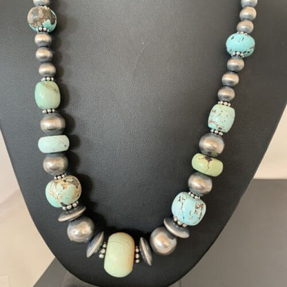Sterling Silver Navajo Pearls Necklace | Dry Creek Turquoise Beads | Native American Handmade |21" | 01387