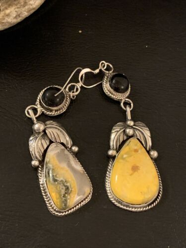 Native American Navajo Black Onyx Bumblebee Jasper Dangle Earrings | Sterling Silver | 2" | 1537