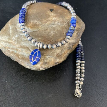 Navajo Blue Lapis Inlay Necklace Pendant | Sterling Silver | Authentic Native American Handmade | 13845