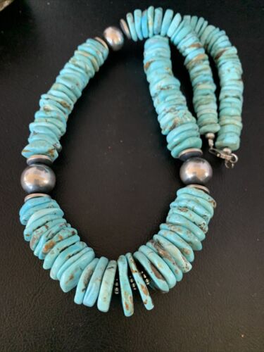 Authentic Native American Navajo Sterling Silver Necklace | Natural Turquoise #8 | Graduated Design | 28" | 13212