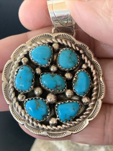 Navajo Blue Kingman Turquoise Cluster Pendant | Authentic Native American Sterling Silver | Multi-Stone | 2" | 02095