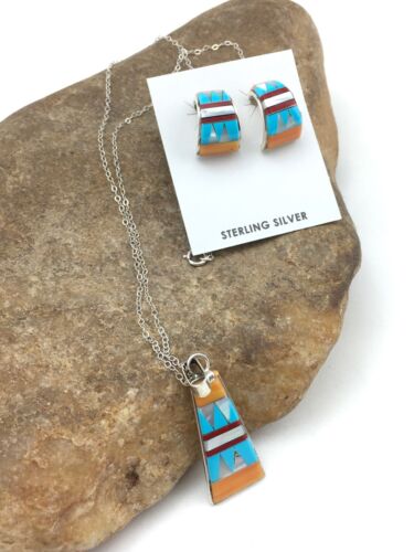 Navajo Multi-Stone Inlay Pendant Necklace & Earrings Set | Sterling Silver | Authentic Native American Handmade | 4741