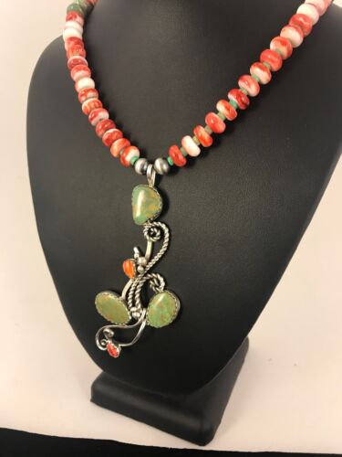 Navajo Green Turquoise & Spiny Oyster Pendant Necklace | Authentic Native American Sterling Silver | Multi-Stone | 8486