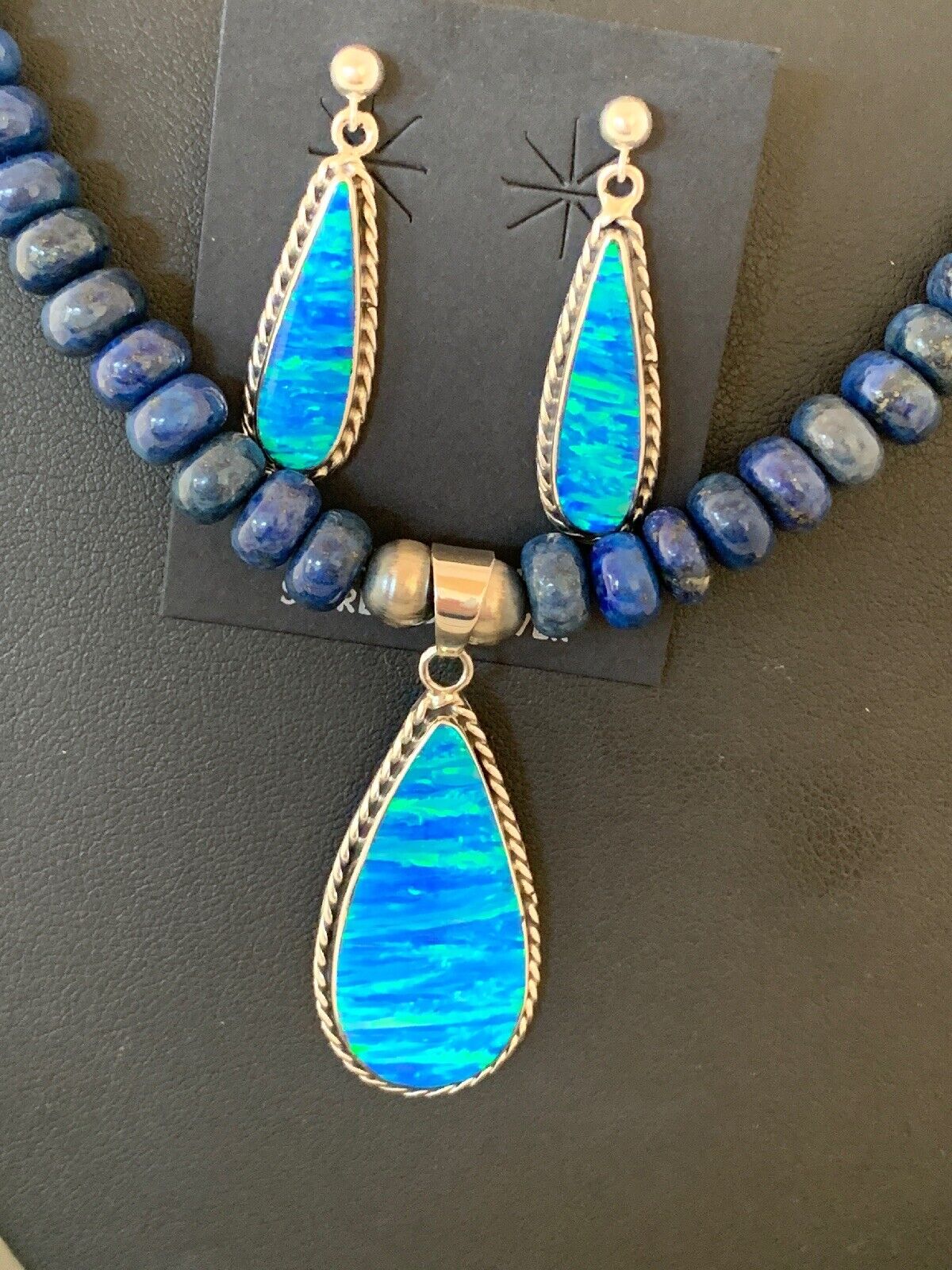 Navajo Opal Pendant with Lapis & Turquoise Necklace and Earrings Set | Sterling Silver | Authentic Native American Handmade | 4328