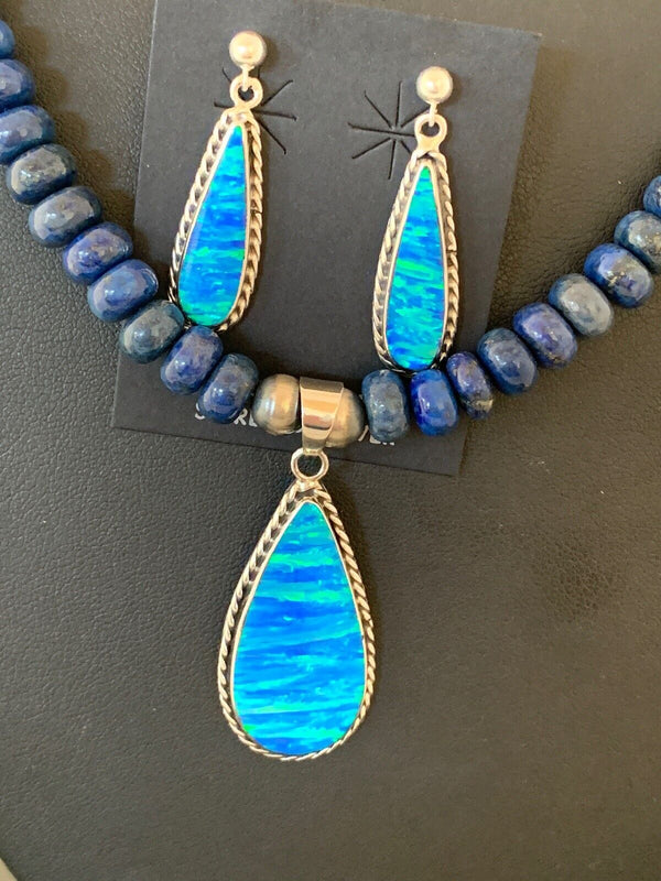 Navajo Opal Pendant with Lapis & Turquoise Necklace and Earrings Set | Sterling Silver | Authentic Native American Handmade | 4328
