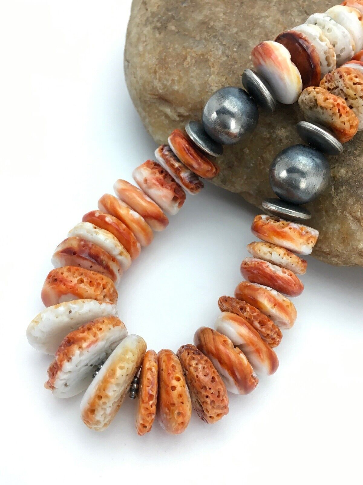 Orange Spiny Oyster Navajo Sterling Silver Necklace | Graduated | Authentic Native American | 26" | 2623