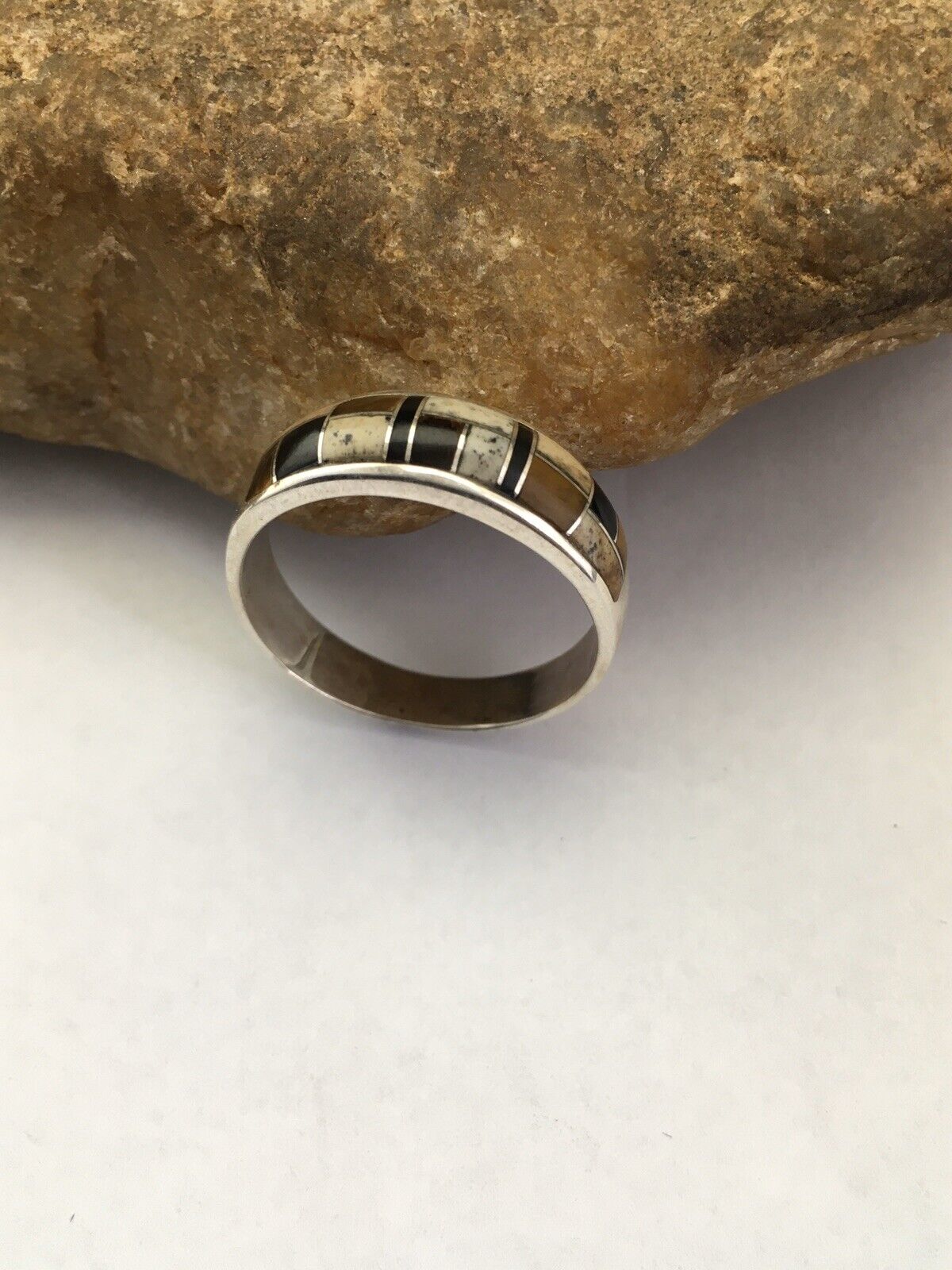 Navajo Sterling Silver Onyx, Coffee Tiger's Eye & Jasper Inlay Ring | Sz 14 | Authentic Native American Handmade | 1709