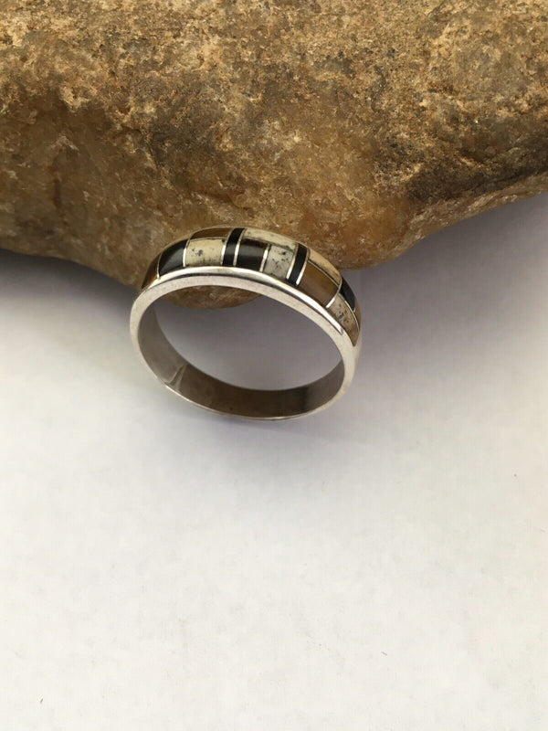 Navajo Sterling Silver Onyx, Coffee Tiger's Eye & Jasper Inlay Ring | Sz 14 | Authentic Native American Handmade | 1709