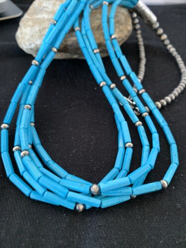 Southwestern Sterling Silver Blue Tube Turquoise Necklace | 5-Strand | 29" | 00830