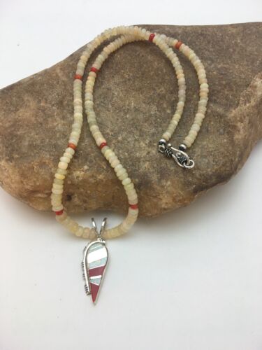 Native American Opal & Coral Pendant Beads Necklace Sterling Silver 8911