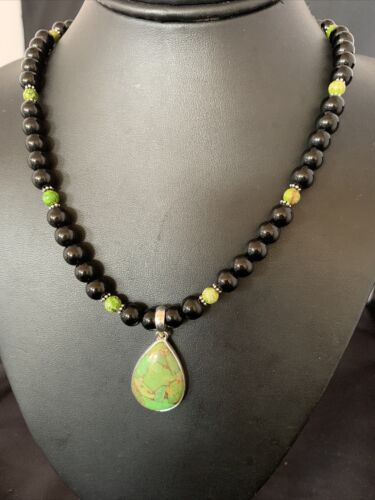 Navajo Pearls Onyx Mojave Turquoise Pendant Necklace | Sterling Silver | Authentic Native American Handmade | 13251