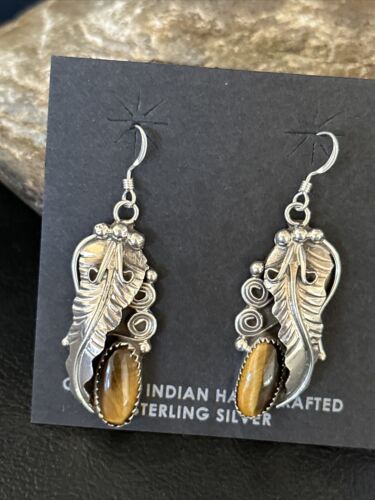 Navajo Coffee Tigers Eye Dangle Earrings | Sterling Silver | Authentic Native American Handmade | 14759 - Masha USA