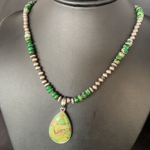 Navajo Green Mojave Turquoise Pendant Necklace | Sterling Silver | Native American Handmade | 13461