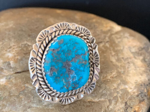 Southwestern Navajo Blue Kingman Turquoise Ring | Sterling Silver | Sz 8 | 12212