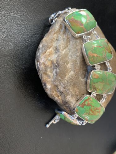 Navajo Green Mojave Turquoise Link Bracelet | Sterling Silver | 8" | Authentic Native American Handmade | 11641