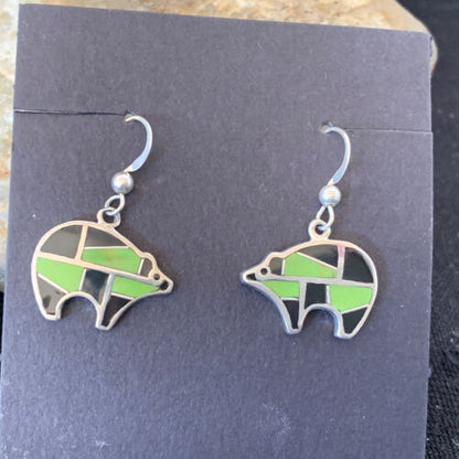Navajo Green Gaspeite & Onyx Bear Inlay Earrings | Sterling Silver | 0.25" | 1512