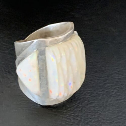 Native American Navajo White Opal Inlay Ring | Sterling Silver | Sz 8 | 12860 - Masha USA