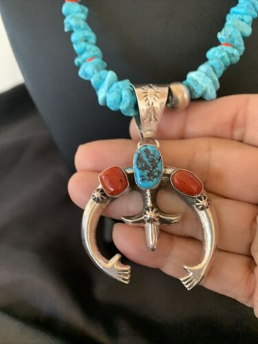 Navajo Sterling Silver Turquoise Coral Pendant Necklace | Authentic Native American Handmade | 11697