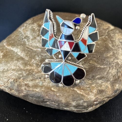 Zuni Peyote Bird Ring | Sterling Silver Turquoise Onyx Mother of Pearl Inlay | Sz 7.5 | 14448