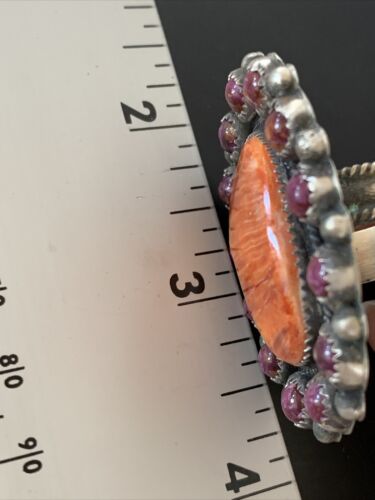 Navajo Spiny Oyster Cluster Ring | Authentic Native American Sterling Silver | Multi-Stone | Purple Orange | Sz 8 | 11513